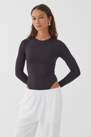 Bisiklet Yaka Yumuşak Dokulu Kumaş Uzun Kollu Bodysuit